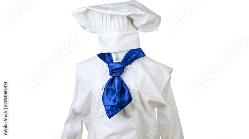 Cuadro en lienzo Chef uniform with white toque and blue satin cravat