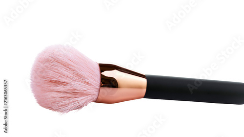 Pink fluffy makeup brush with rose gold ferrule and black handle