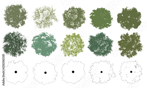 Vector set of colorful trees in plan view for use in architectural drawings	