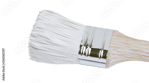 White bristle paint brush with metal ferrule and wooden handle