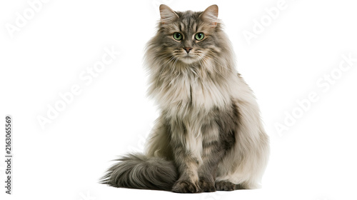 Fluffy long-haired grey tabby cat sitting