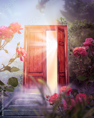 Fantasy enchanted fairy tale forest with magical opening secret wooden door and stairs leading to mystical shine light outside the gate, whimsy fairytale magic rose flower garden in whimsical woods.