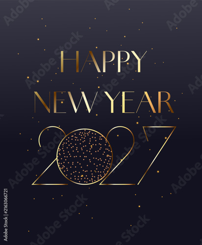 Happy New Year 2027 dark banner with elegant gold thin typography and sparkling dust. Stylish holiday card background for luxury greeting designs and event invitations