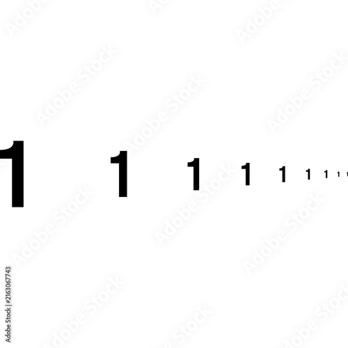 Decreasing Size Number One Sequence, Bold Black Diminishing Perspective Digit Illustration