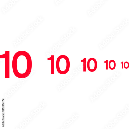 Decreasing Size Number Ten Sequence, Bold Red Diminishing Perspective Digit Illustration