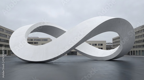 A large white infinity symbol sculpture standing in a modern urban plaza on a cloudy day