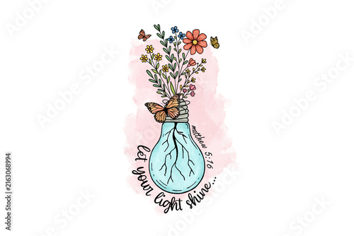Watercolor Floral Light Bulb Jar with Bible Verse Matthew 5:16 Quote Sublimation Design