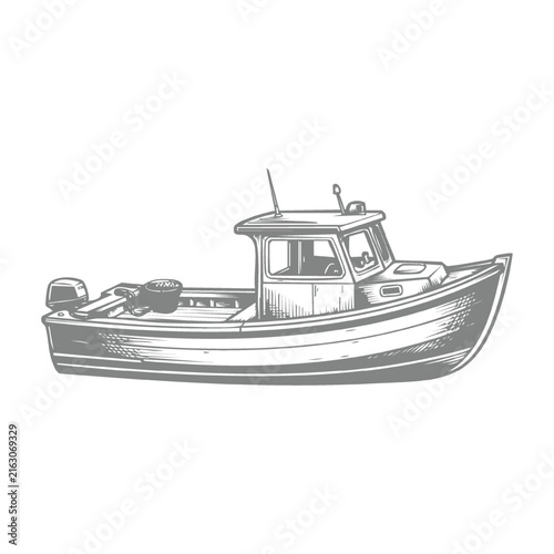 Fishing Boat on Waves, Engraving Style Illustration