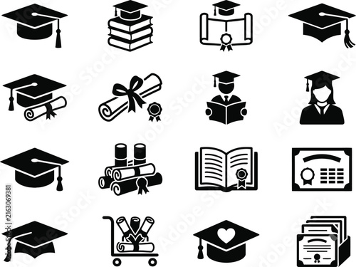 Graduation Cap & Diploma Icon Set for Academic Degree, University & Student Achievement