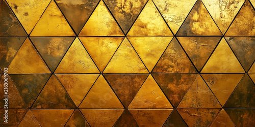 Gold-colored metal plates in the shape of triangles arranged in an orderly fashion; the surface has a rough, uneven texture.