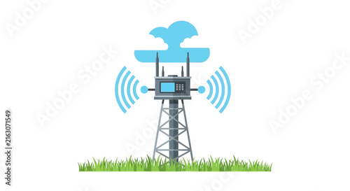 Flat Vector Illustration of a Telecommunication Tower Emitting Wireless Signal Waves in a Green Field, 5G Network Technology Concept