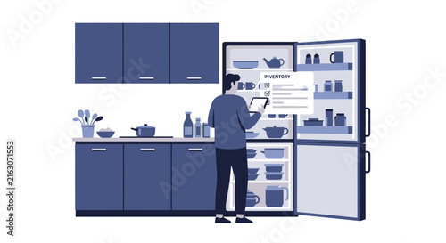 Man Using Digital Tablet for Kitchen Fridge Inventory Management and Grocery Planning Illustration