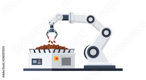 Automated Industrial Robotic Arm Processing Coffee Beans on Factory Production Line Illustration