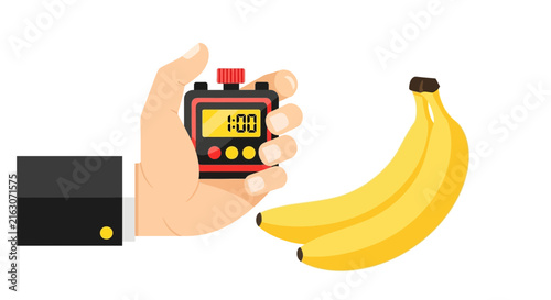 Hand Holding Digital Stopwatch Next to Bananas Illustration for Time Management, Efficiency, and Healthy Quick Snack Concepts