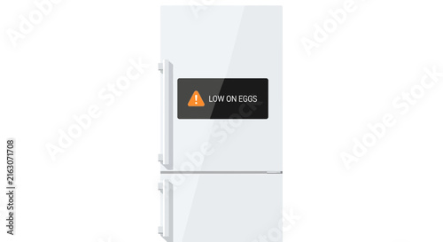 Modern Smart Refrigerator with Digital Screen Displaying Low on Eggs Notification on White Background