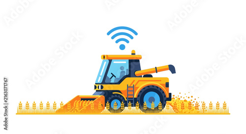 Smart Agriculture Concept with Autonomous Combine Harvester Working in Wheat Field. Flat Vector Illustration of IoT Precision Farming and Modern Robotic Harvesting Technology.