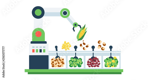 Smart Agriculture and Food Processing Automation Illustration with Robotic Arm Sorting Crops and Grains