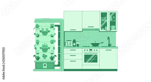 Modern Smart Kitchen with Indoor Vertical Garden System Illustration for Sustainable Living