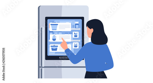 Woman Using Smart Refrigerator Touch Screen Interface for Grocery Management and Home Automation