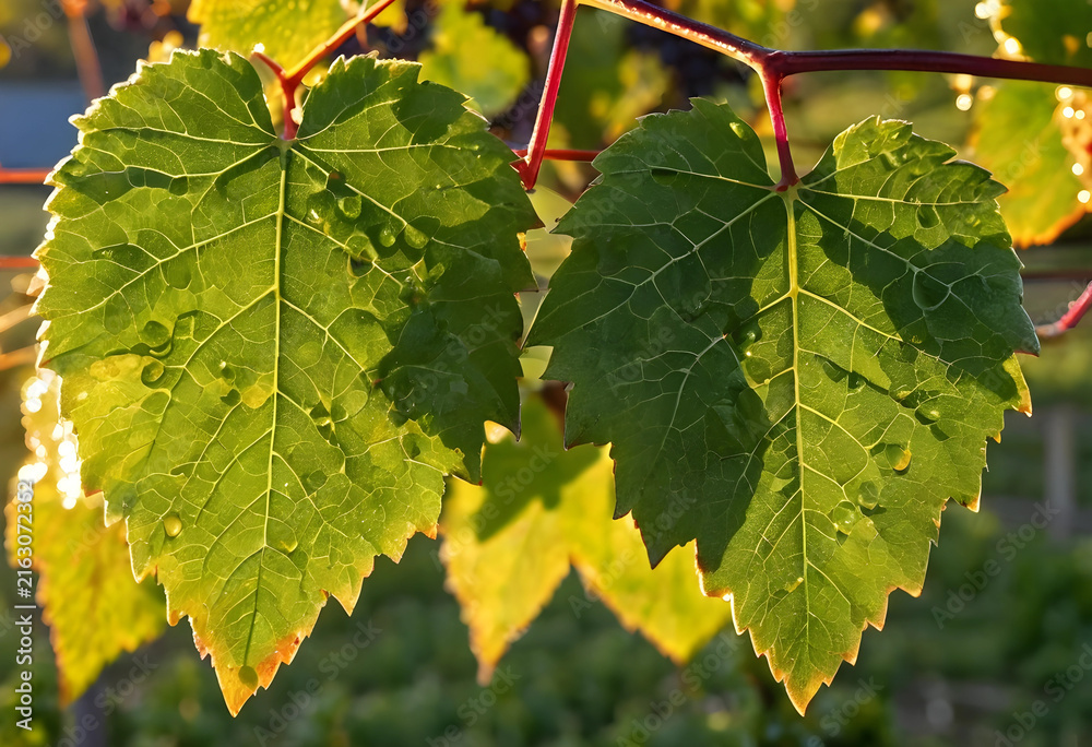 Naklejka premium Vineyard leaves with morning dew, viticulture and winemaking concept, fresh grape leaves in sunlight with water drops