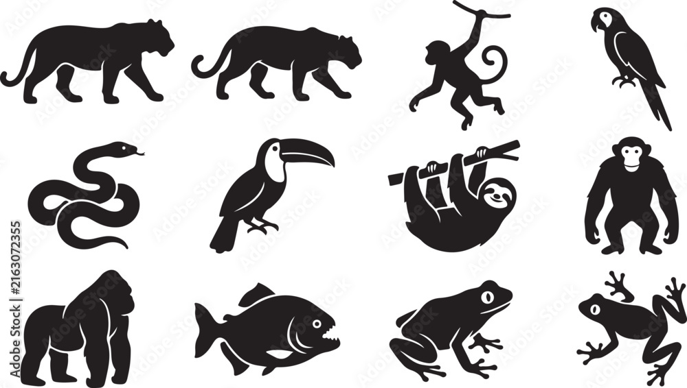 Naklejka premium Collection of black silhouettes featuring jungle and rainforest animals, including a tiger, panther, monkey, parrot, snake, toucan, sloth, chimpanzee, gorilla, piranha, and various frogs