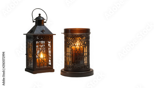 Decorative metal lanterns with warm glowing candles isolated on transparent background