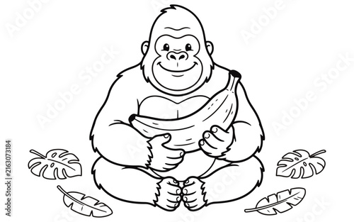 Photography Meditating gorilla with monstera leaves is a black line drawing