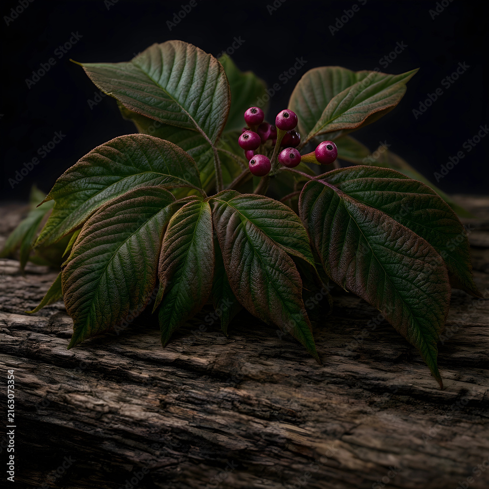 Fototapeta premium Autumnal plant with purple berries and green leaves on rustic wood, seasonal nature and botanical beauty