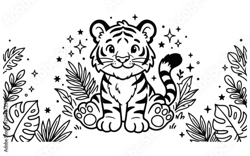 Tiger illustration with tropical foliage and star sparkles on a black background