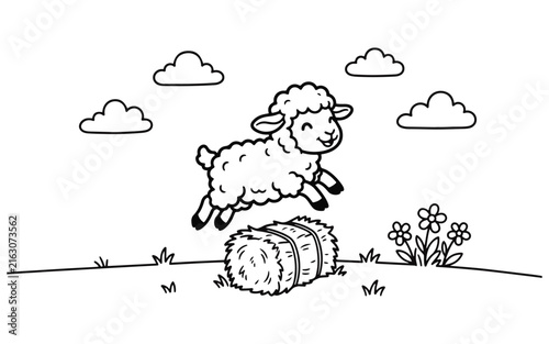 Lamb jumping over hay bale illustration with clouds and flowers