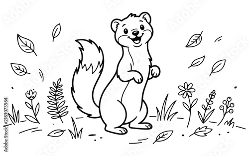 Squirrel illustration with foliage depicted in a monochrome line style