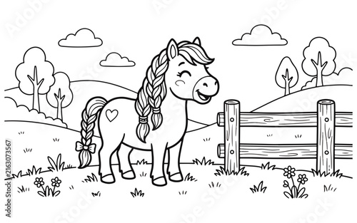Horse illustration with braided mane stands near a wooden fence and landscape