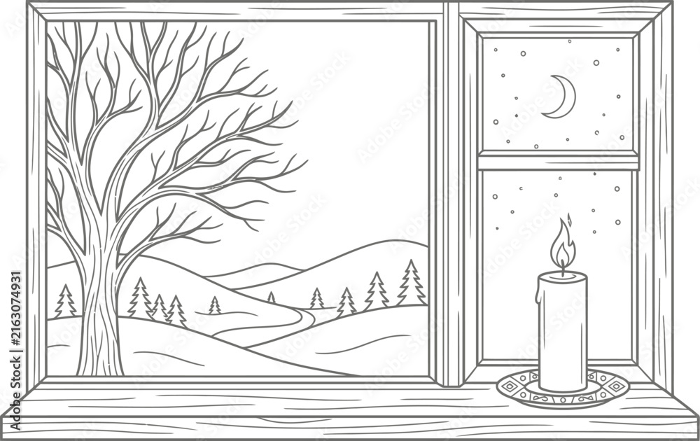 Fototapeta premium Cozy window view with winter landscape, bare tree, candle on windowsill, moon and stars line art vector illustration