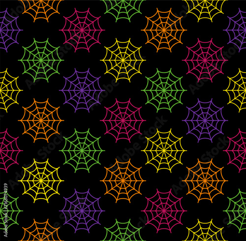 Halloween seamless pattern with spider web icon. Geometric arrangement. Simple flat style, colorful outline icons on black background.