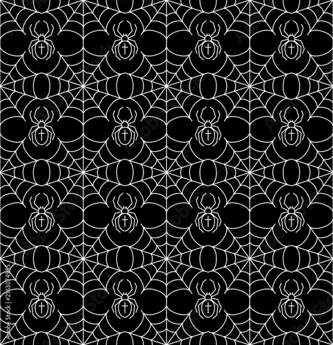 Halloween seamless pattern with spider web icon. Geometric rhombic grid. Simple style, white outline icons on black background.