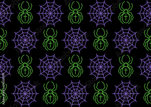 Halloween seamless pattern with spider and spider web icons. Alternating geometric grid on black background. Simple vector line art.