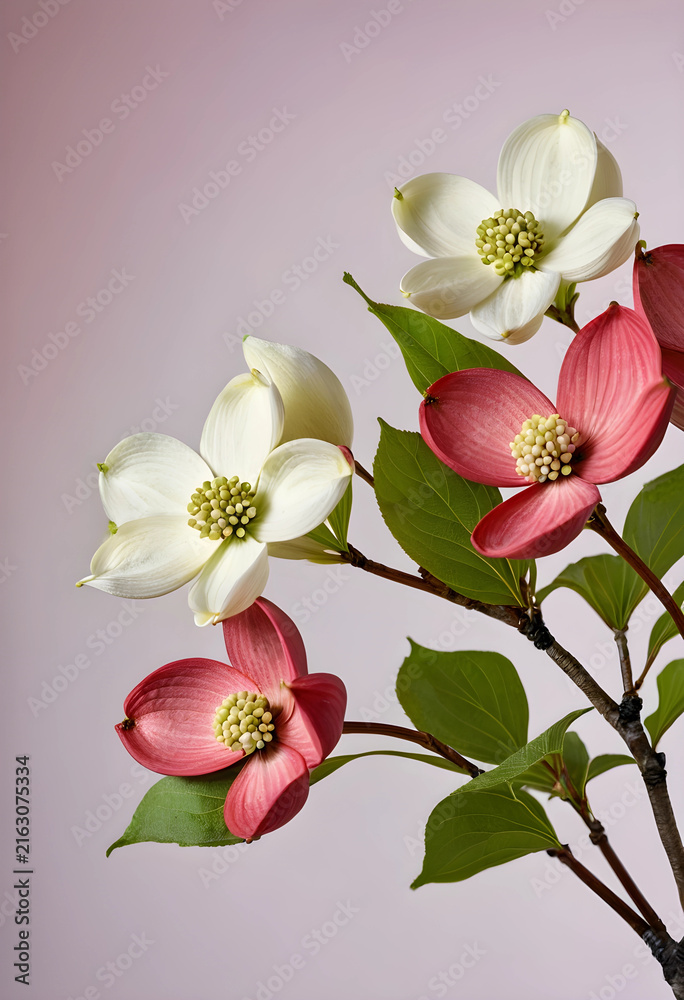 Naklejka premium Spring dogwood flowers nature and growth concept white and pink blossoms on a branch with green leaves studio shot