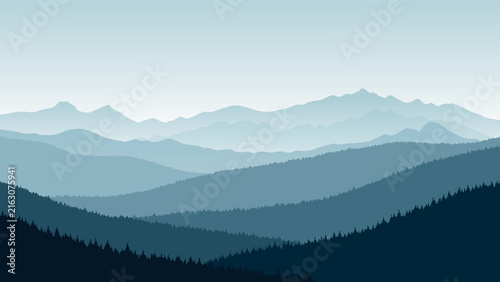 Layered Mountain Landscape Background with Blue Hills and Forest