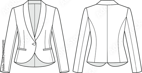 Картината върху платно Flat sketch technical drawing of a tailored blazer with shawl collar, single button closure, and welt pockets