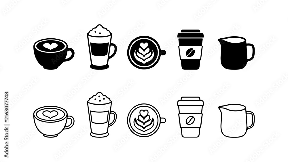Obraz premium Coffee Drink Icon Set in Solid Silhouette and Linear Outline Style