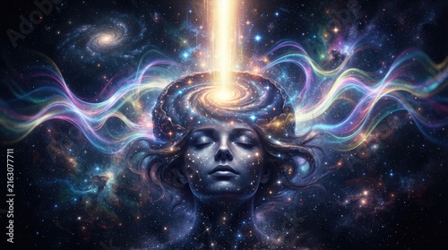 A serene woman’s face is enveloped by a swirling, cosmic vortex.