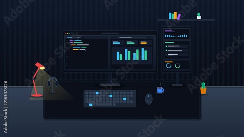 Developer Desk Setup with Dual Monitors Displaying Code and Data Analytics Dashboard Animation
