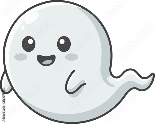 Adorable friendly white cartoon ghost character illustration with a happy face, perfect for Halloween designs and fun spooky themes