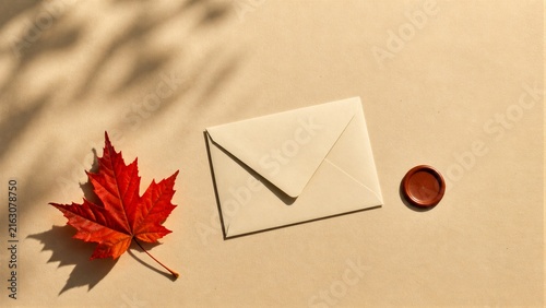 Blank paper envelope with wax seal and red autumn maple leaf on beige background.