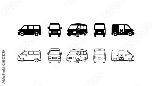 Minivan Icon Set in Silhouette and Outline Style Vector