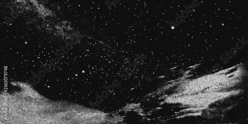 Monochrome stipple night sky with dense star field, nebula haze and cosmic dust texture. Abstract celestial background for space posters, astronomy themes and print design. Vector illustration