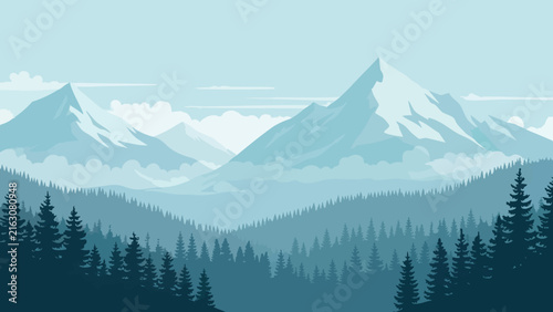 Snowy Mountain Landscape with Pine Forest and Alpine Peaks