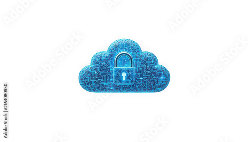 Blue digital cloud computing icon with a secure padlock for data protection and cyber safety.
