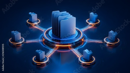Futuristic central folder hub connecting to digital data nodes on glowing circuit platform for cloud storage network