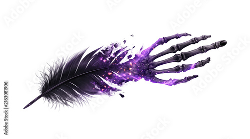 Dark Raven Feather Morphing into a Bony Skeletal Finger with Violet Magical Energy, Surreal Halloween Fantasy, Isolated Transparent PNG